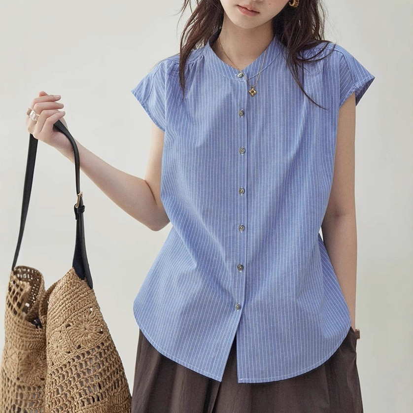 Blue striped back-tie flutter sleeve shirt for women, new summer style, loose button-up top