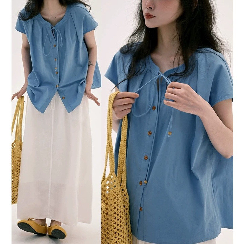 Tie-neck short-sleeve shirt with small flutter sleeves, Japanese retro artistic sweet youthful versatile casual short-sl