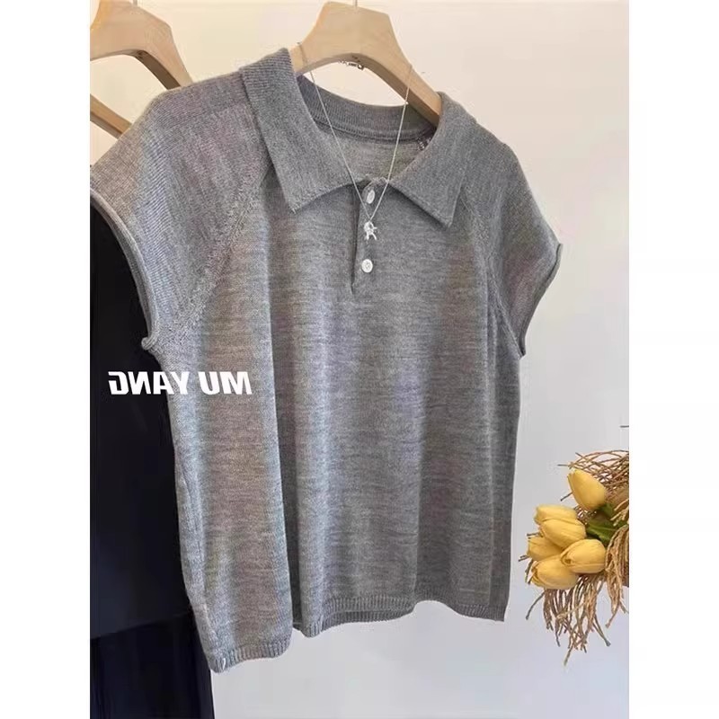 Gray polo Short-sleeved knitted ice silk shirt with small flutter sleeves t Women's summer casual loose-fitting short to
