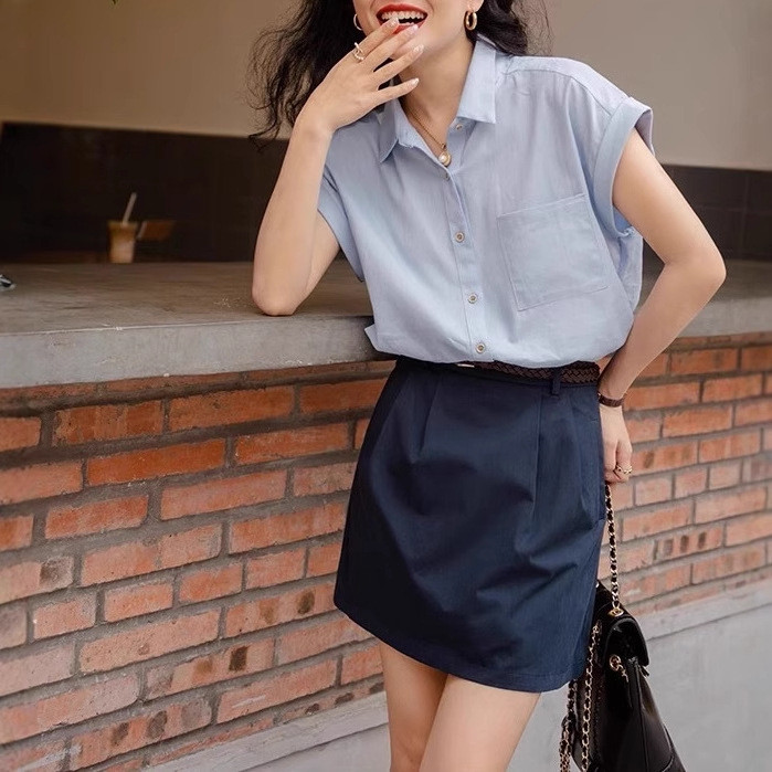 Elegant blue short-sleeve shirt with flutter sleeves for women2025Summer Hong Kong-style Commuting Outfit Top