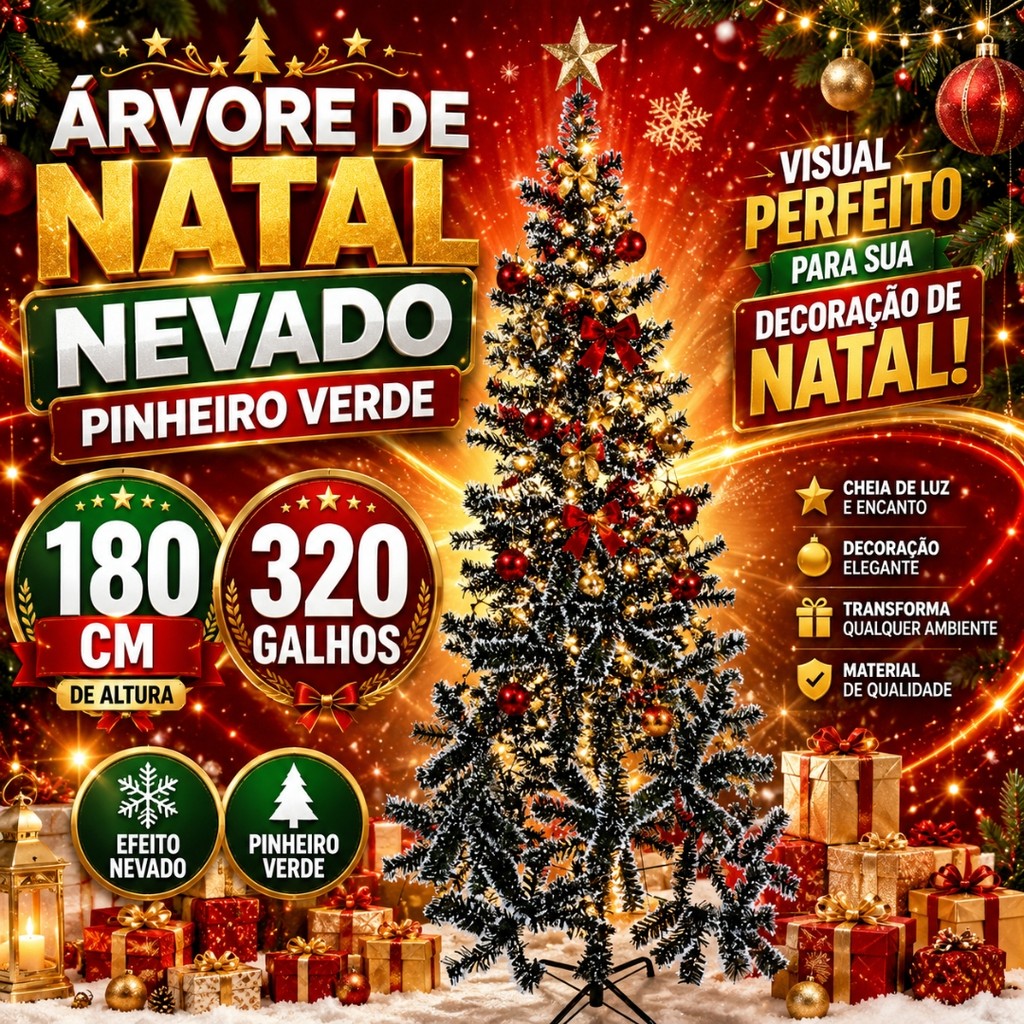 Árvore De Natal Nevado Pinheiro Verde 180cm Com 320 Galhos