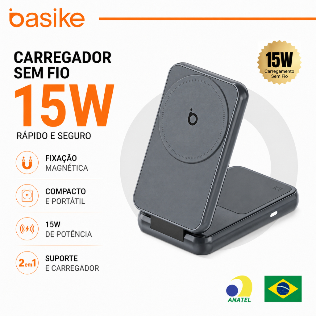 Basike Carregador Sem Fio Magnético 15W Dobrável 2 em 1 Suporte Premium Compatível com MagSafe e iPhone