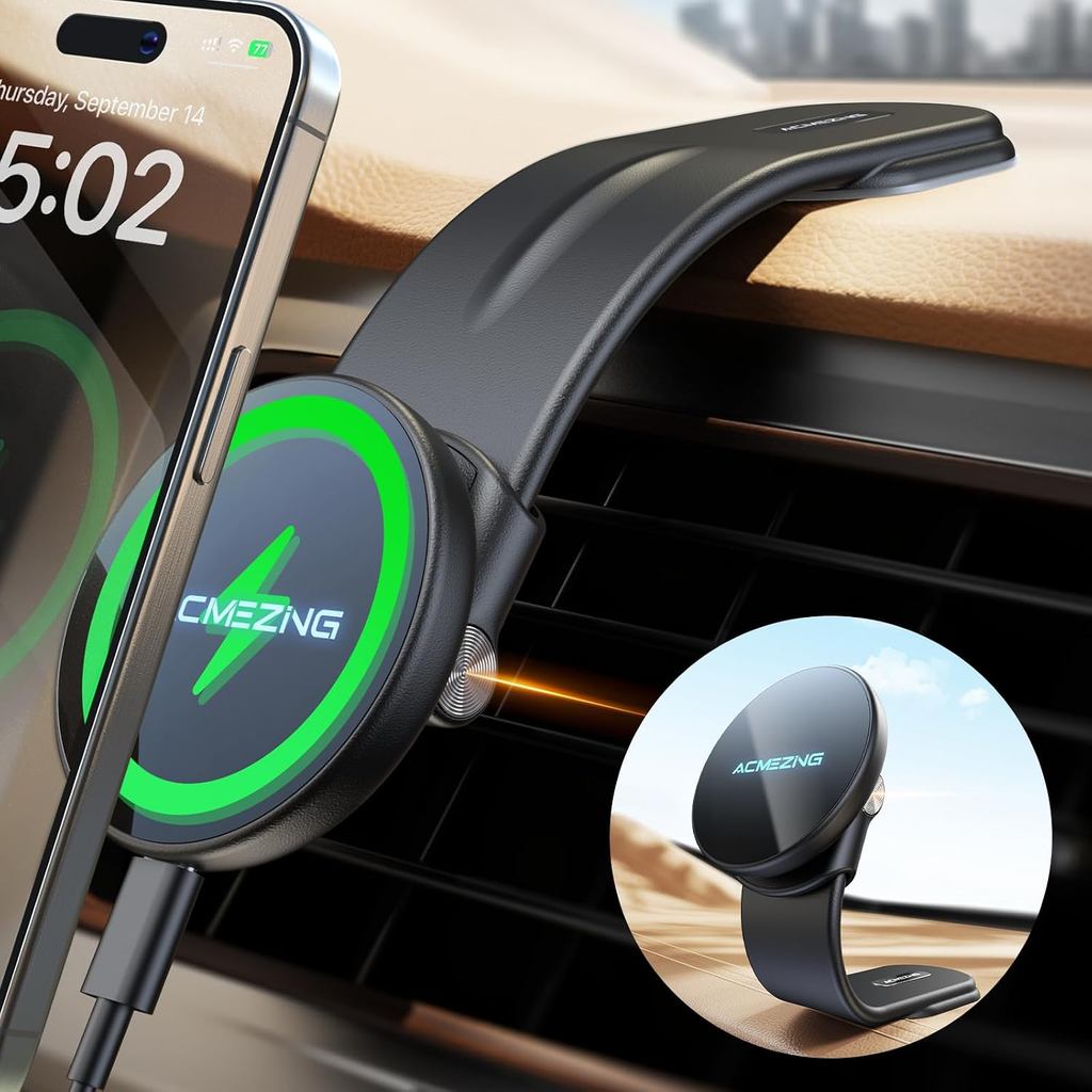 ACMEZING Carregador Veicular MagSafe de 15W Exclusivo para iPhone, Braço de Liga de Alumínio Ajustável em 360%, Suporte