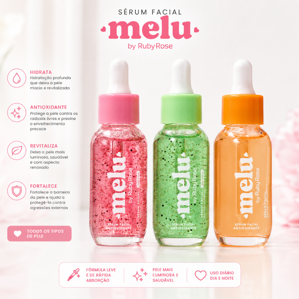 Sérum Facial Melancia/Pessêgo/Kiwi Melu by Ruby Rose – Detox Hidratação/Hidratação Pele Radiante/Antioxidante Revitaliza