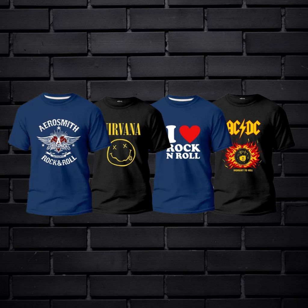 Kit 4 camisetas estampadas 100% algodão camisa banda Ac Dc Aerosmith Nirvana I Love Rock malha Premium
