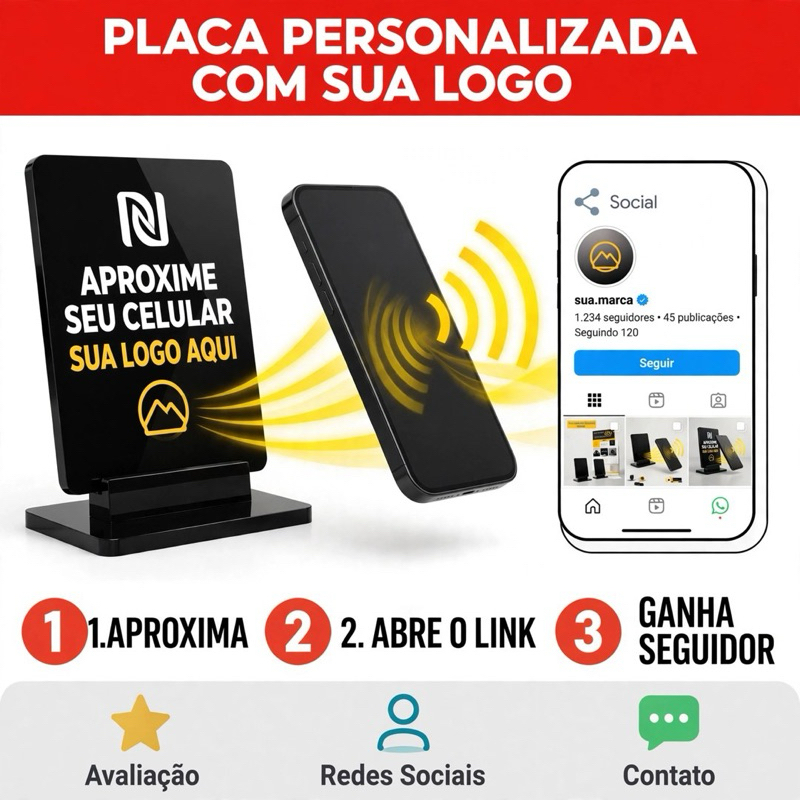 Placa Acrílica NFC Personalizada com Logo Display de Mesa QR Code Aproximação Pix Link Inteligente Totem 2 em 1 Preto