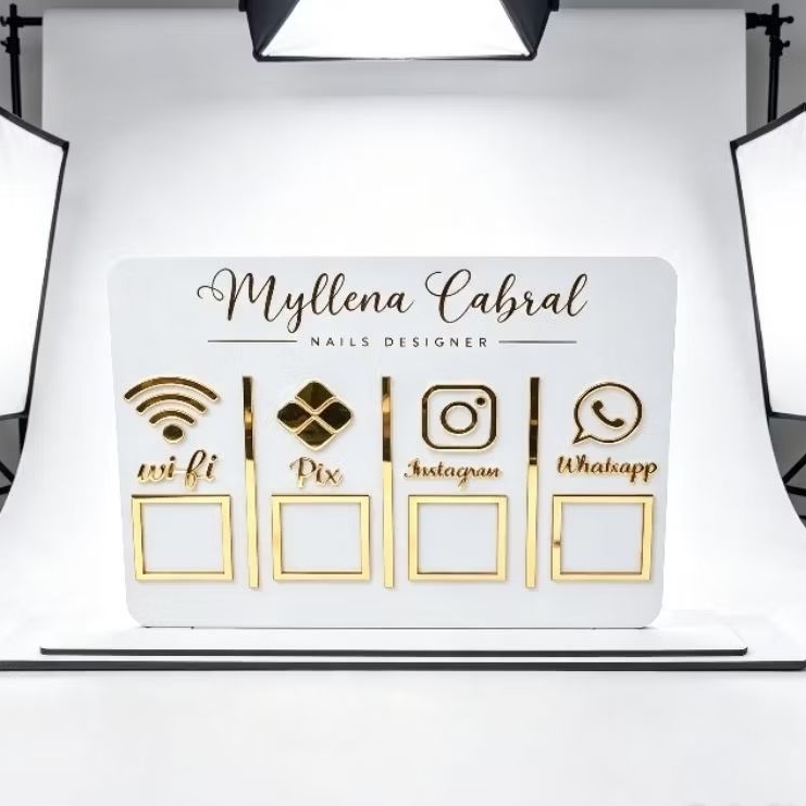 Placa Pix 4 QR Codes Personalizada MDF Acrílico Dourado Espelhado Loja Salão e Barbearia