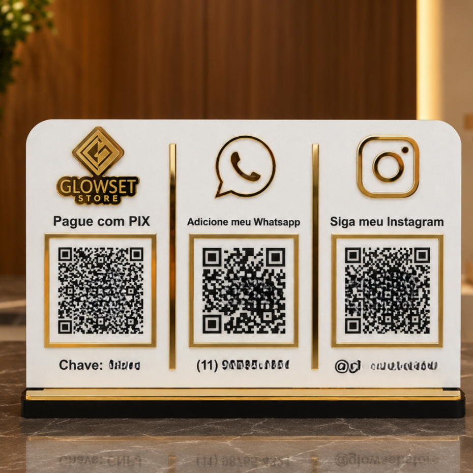 Placa Display QR Code de Mesa Personalizado Pix Instagram Wi-Fi WhatsApp Balcão Loja