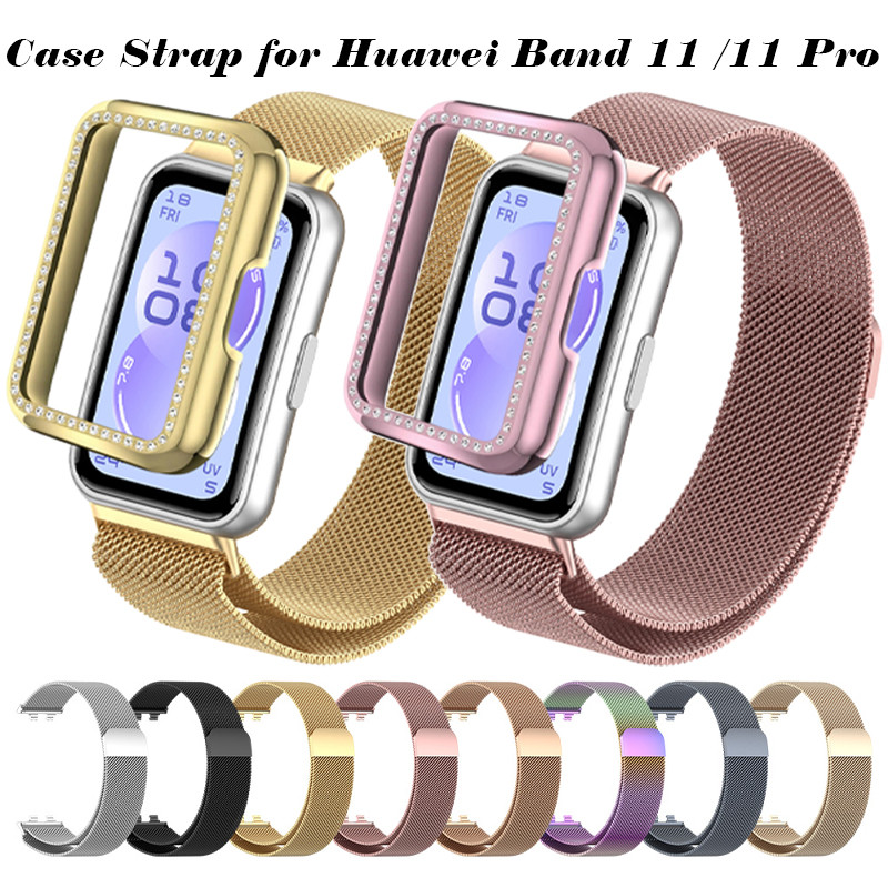 Capa De Diamante Para PC + Pulseira De Metal Milanese Loop Smartwatch Huawei Band 11/11 Pro Banda Cinto Protetor De Tela