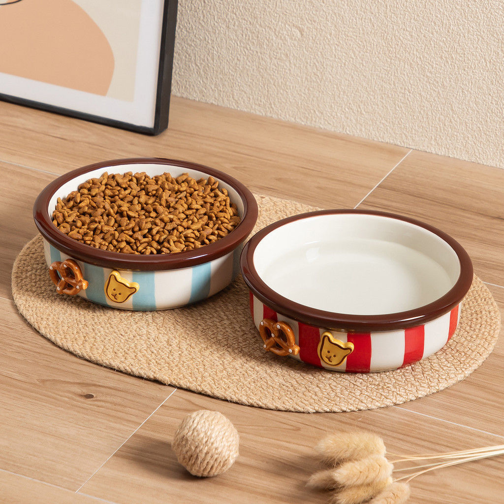 Tira colorida pintada à mão cerâmica tigela de gato Underglaze cor tigela de comida para animais de estimação de alto va