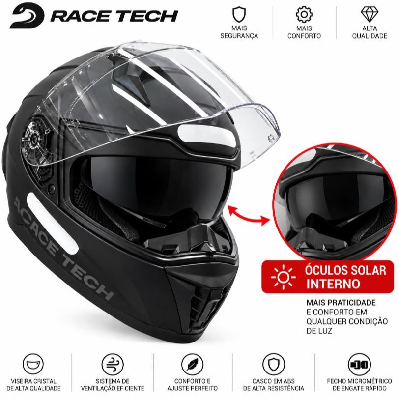 Capacete Race Tech Volt Monocolor Preto Fosco Com Óculos Solar Fechado Masculino Feminino + Narigueira Original Novo