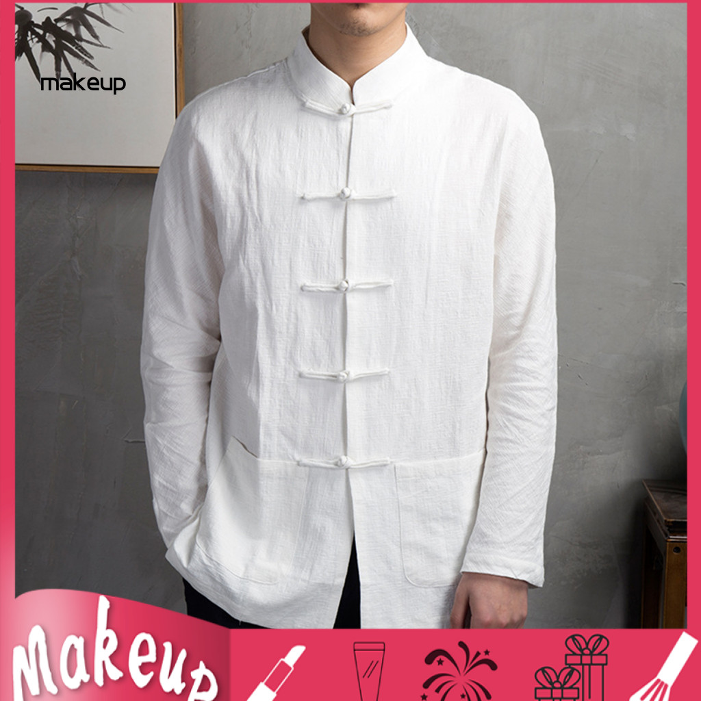 Chinese Retro Style Men Shirt Autumn Men's Mandarin Collar Long Sleeve Tai Chi Kung Fu Top with Pockets and Traditional