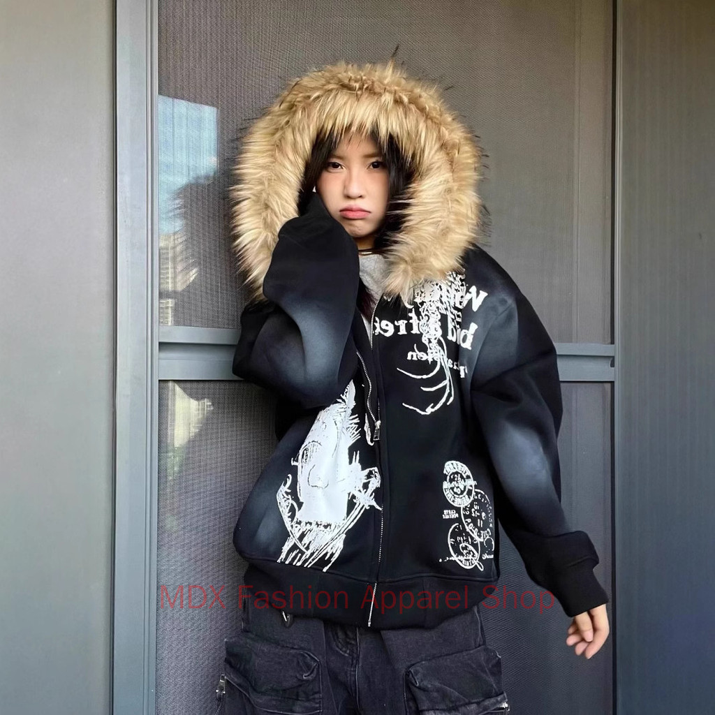 American Retro Y2k Millennium Fur Collar Zipper Jaqueta Com Capuz Para Mulheres De Rua Escura