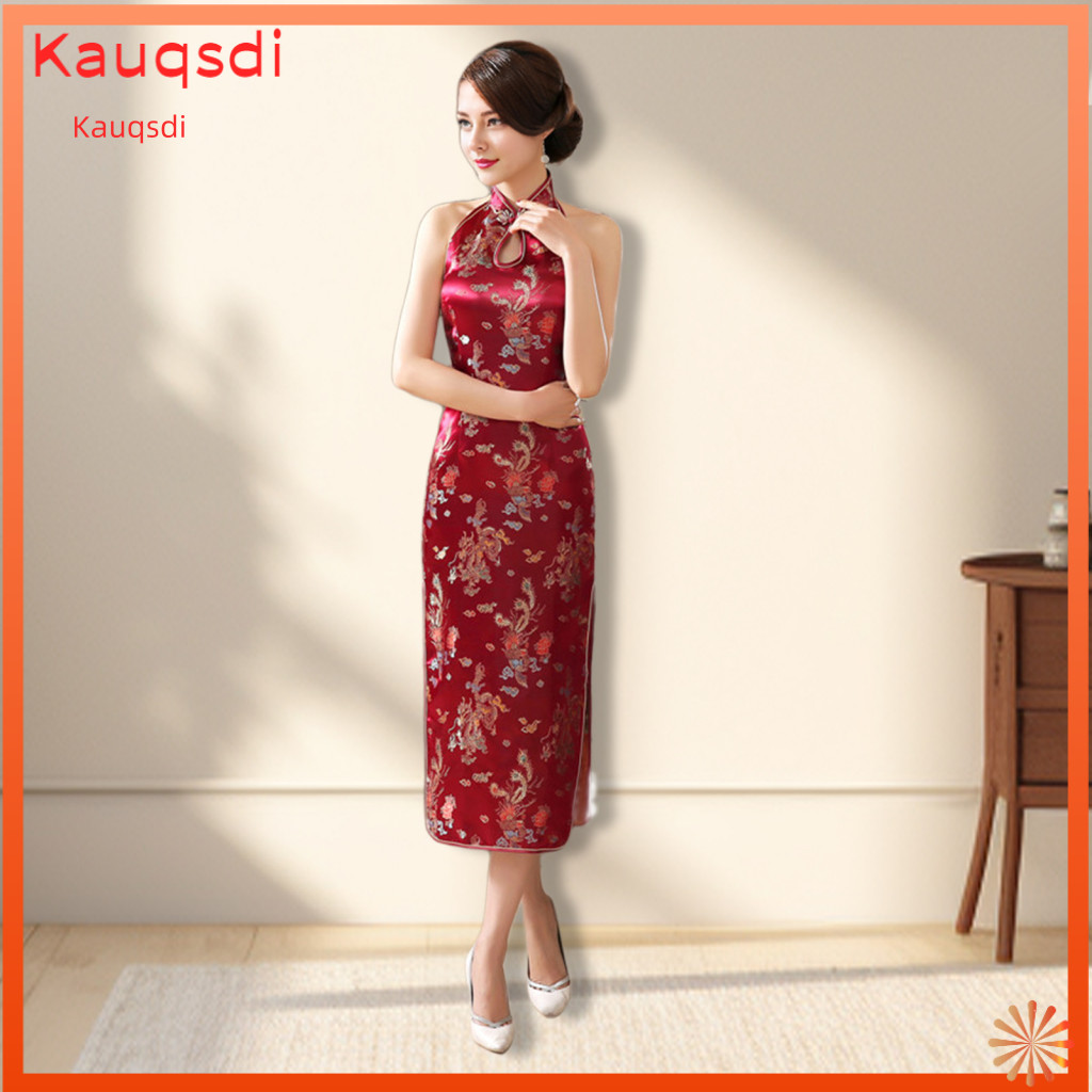 Chinese Cheongsam Dress Semi-stand-up Collar Women’s Summer Off Shoulder Qipao Slim Fit Hollow Out Split Hem Retro Sty