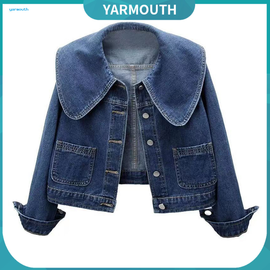 Women Jacket Outerwear Women’s Retro Denim with Doll Collar Single-breasted Long Sleeves Solid Color Side Pockets –