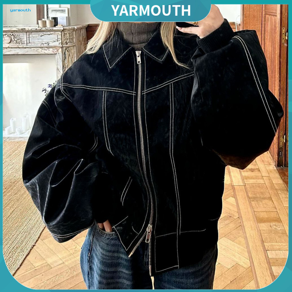 Zipper Placket Jacket Faux Leather Lady Retro Motorcycle Pure Color Turn-down Collar Closure Elastic Cuff Hem Stylish Ou