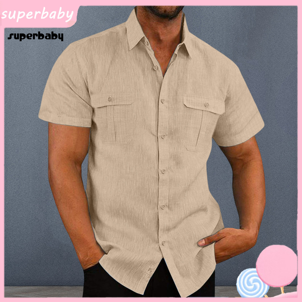 Casual Retro Style Shirt Mature Men Men's Short Sleeve Solid Color Loose Fit Turn-down Collar with Chest Pockets Button-