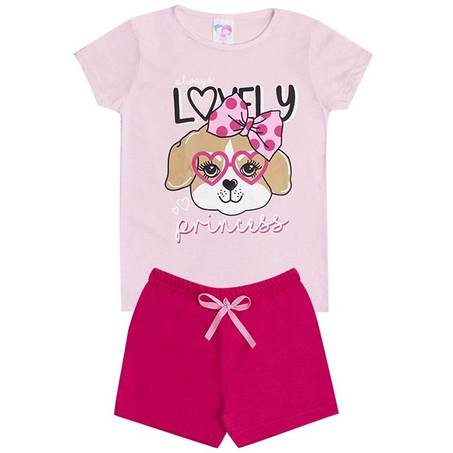 Conjunto de Verão Infantil Feminino Blusa Rosa e Shorts Dog Rosa - KK Kids