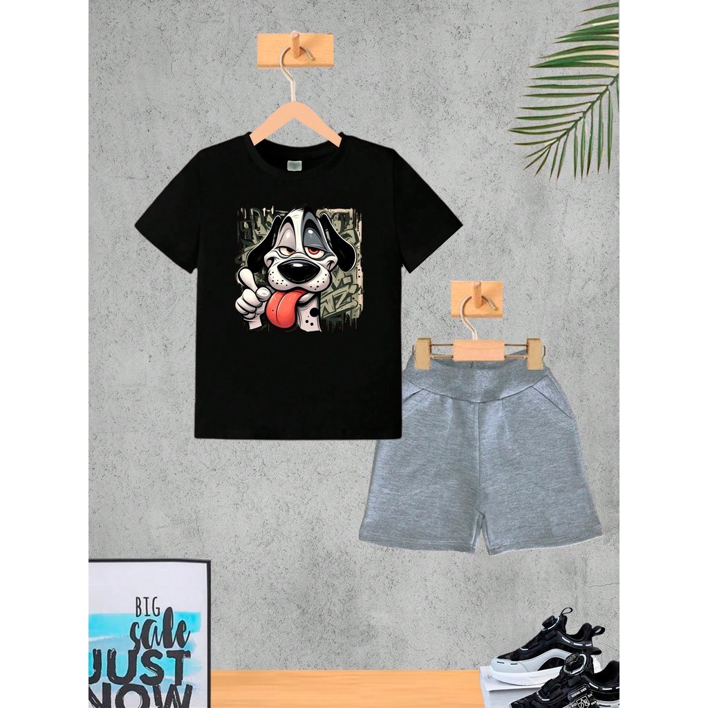 Conjunto Infantil Cinza Dog Grafite Menino Camiseta e Bermuda Roupa Criança Masculino Verão