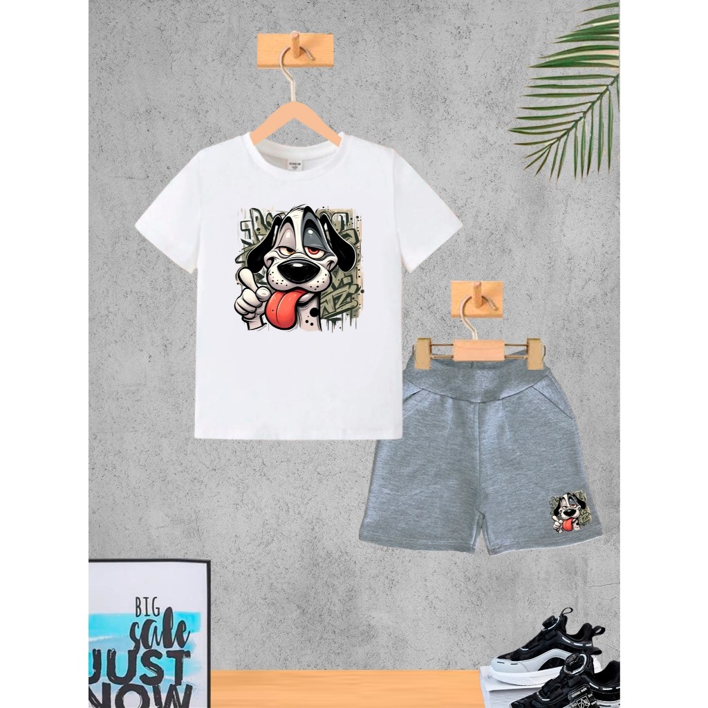 Conjunto Infantil Cinza Dog Grafite Menino Camiseta e Bermuda Roupa Criança Masculino Verão