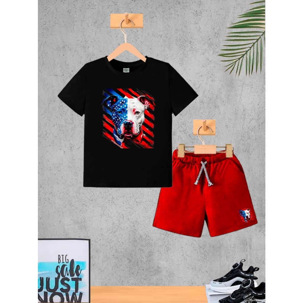 Conjunto Infantil Vermelho DOG Menino Camiseta e Bermuda Roupa Criança Masculino Verão