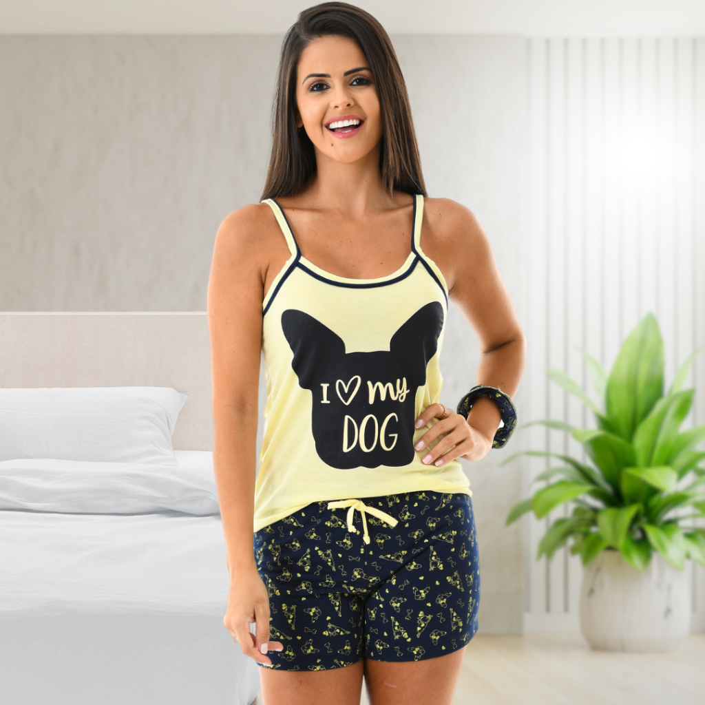 Baby Doll Feminino Pijama Curto Verão Short Doll Conjunto Alcinha Confortável I Love My Dog