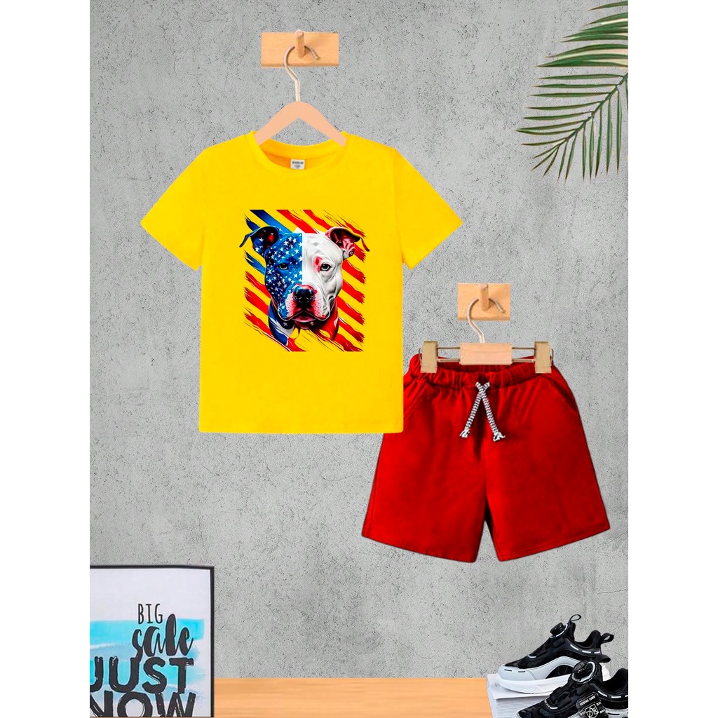 Conjunto Infantil Vermelho DOG Menino Camiseta e Bermuda Roupa Criança Masculino Verão