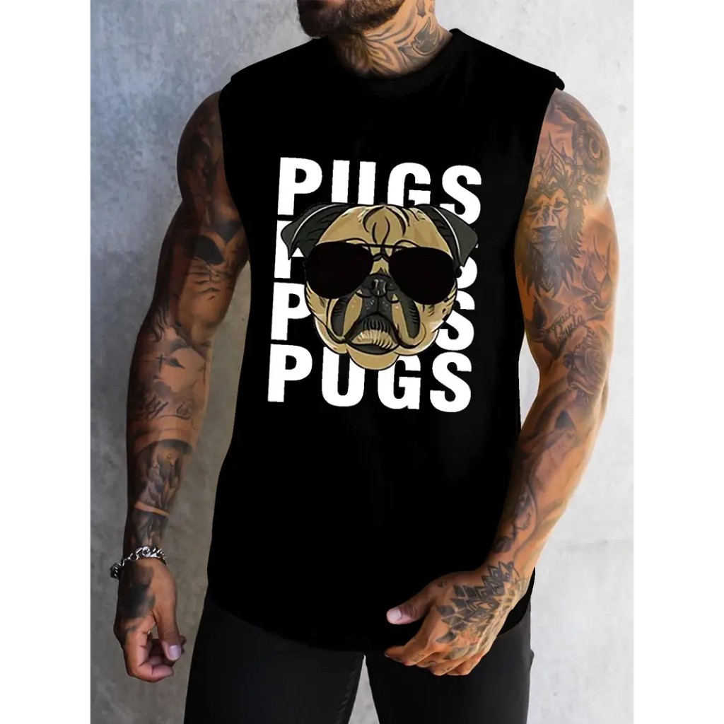 Camiseta Regata Oversized Masculina Estampa Dog Pugs Verão