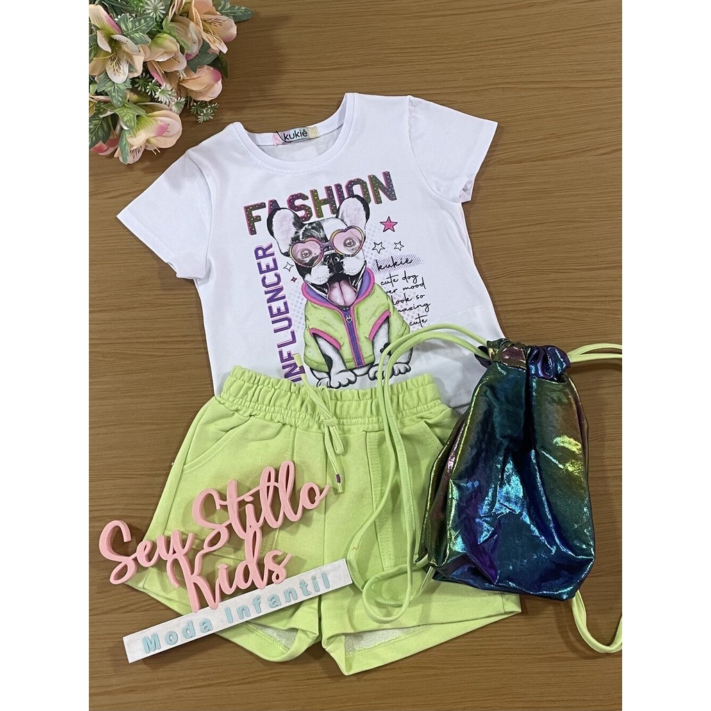 Conjunto Infantil Kukie Verão Shorts e Blusa Dog Fashion com Bolsinha