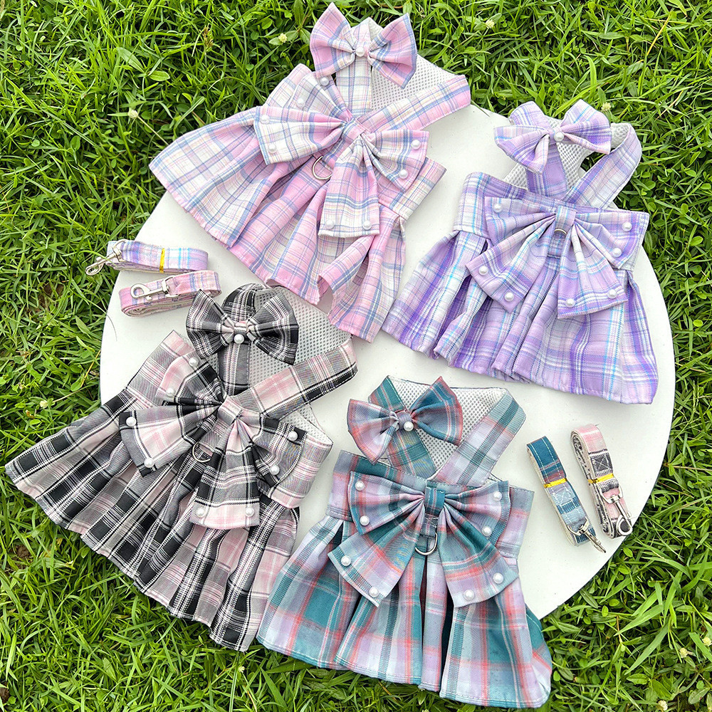Arreios Para Cães Com Coleira Conjunto De Cabeleireiro Jk Plaid Dress for Cat Summer Pet Clothes Fashion Dog Traje De An