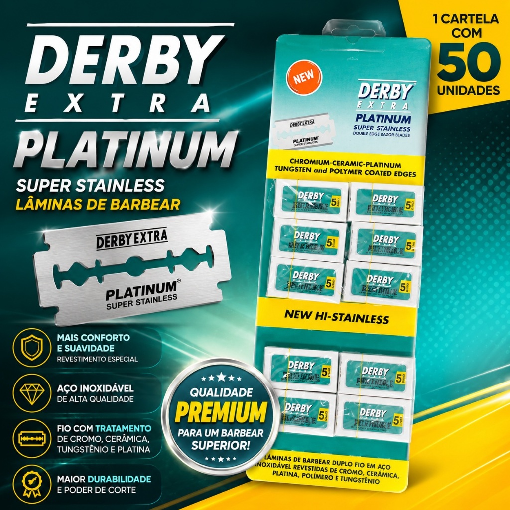 Lâmina de Barbear Derby Extra Platinum Cartela com 50 Unidades Super Stainless Aço Inoxidável Envio Imediato