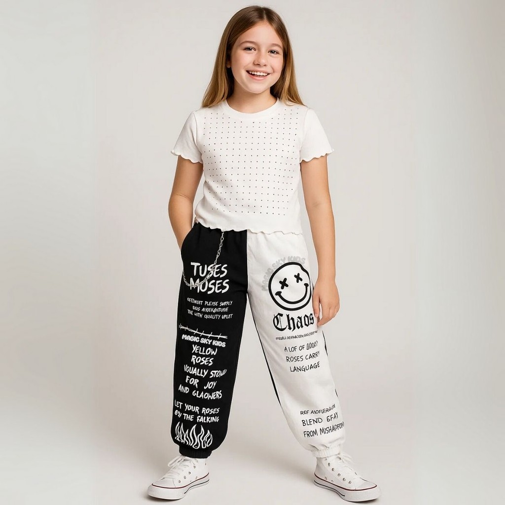 Calça Cargo Juvenil Infantil Menino Menina Emoji Foguinho com Correntinha  Preto e Branco Blogueirinha