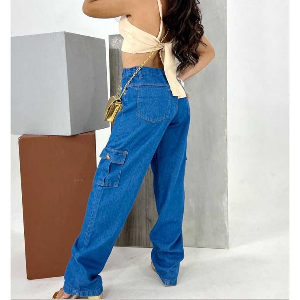 Calça jeans cargo juvenil , calça meninas azul com regulagem na cintura com bolso tamanho,10,12,14,16