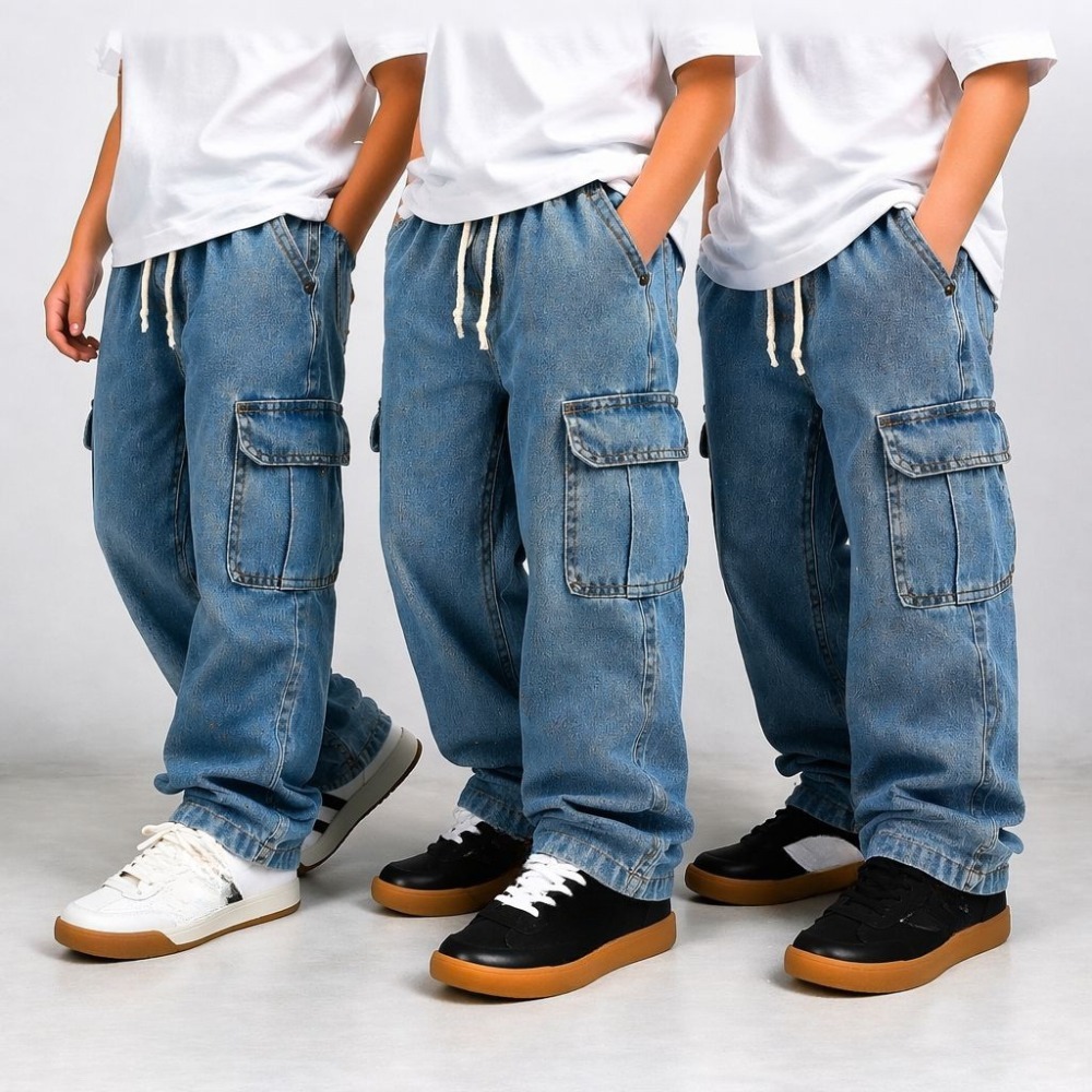 Calça Cargo Street Infantil Skatista Juvenil Jeans Unissex