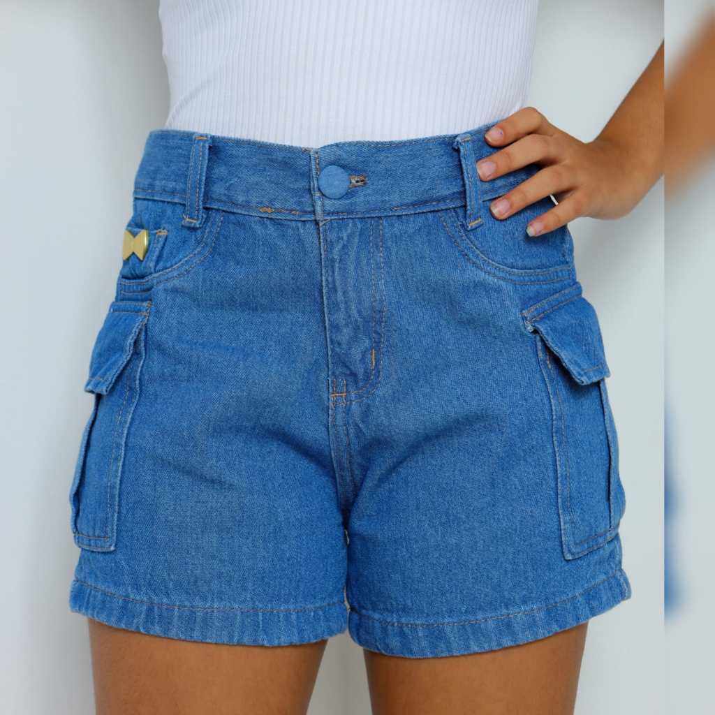 Short Jeans Cargo Infantil Juvenil Feminino Bolsos Laterais Conforto Casual