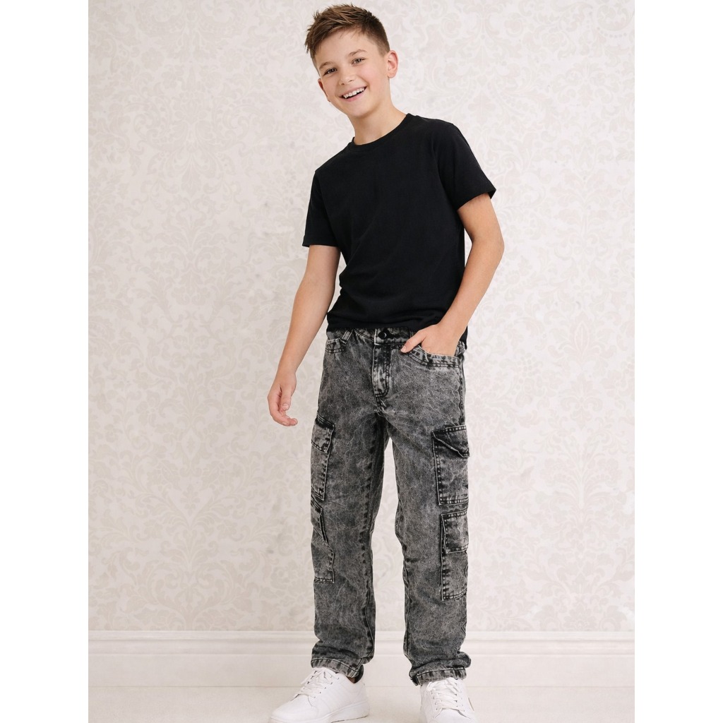 Calça Cargo Jeans Juvenil Com 4 Bolsos Estilo Streetwear Premium