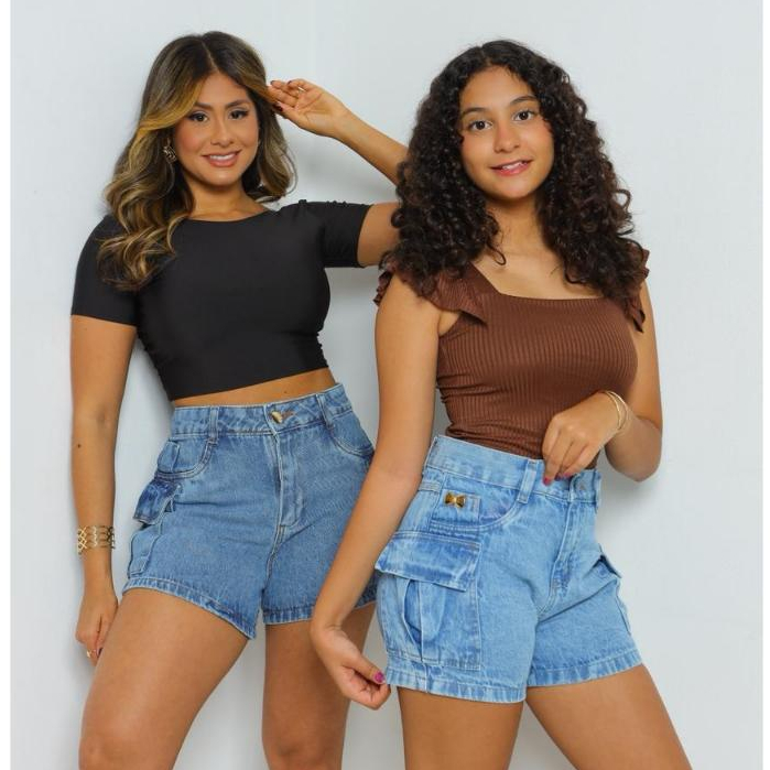 Kit Short Cargo Marmorizado Mãe e Filha - Looks Combinando Moda Feminina Infantil e Juvenil