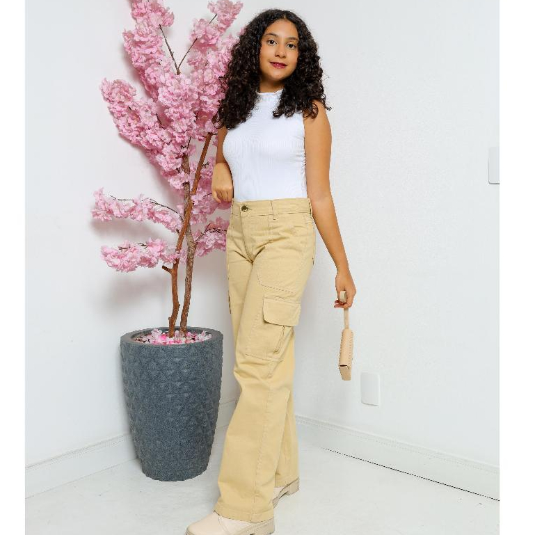 Calça Cargo Infantil e Juvenil Unissex Unissex com Bolsos e Regulagem 6 ao 16