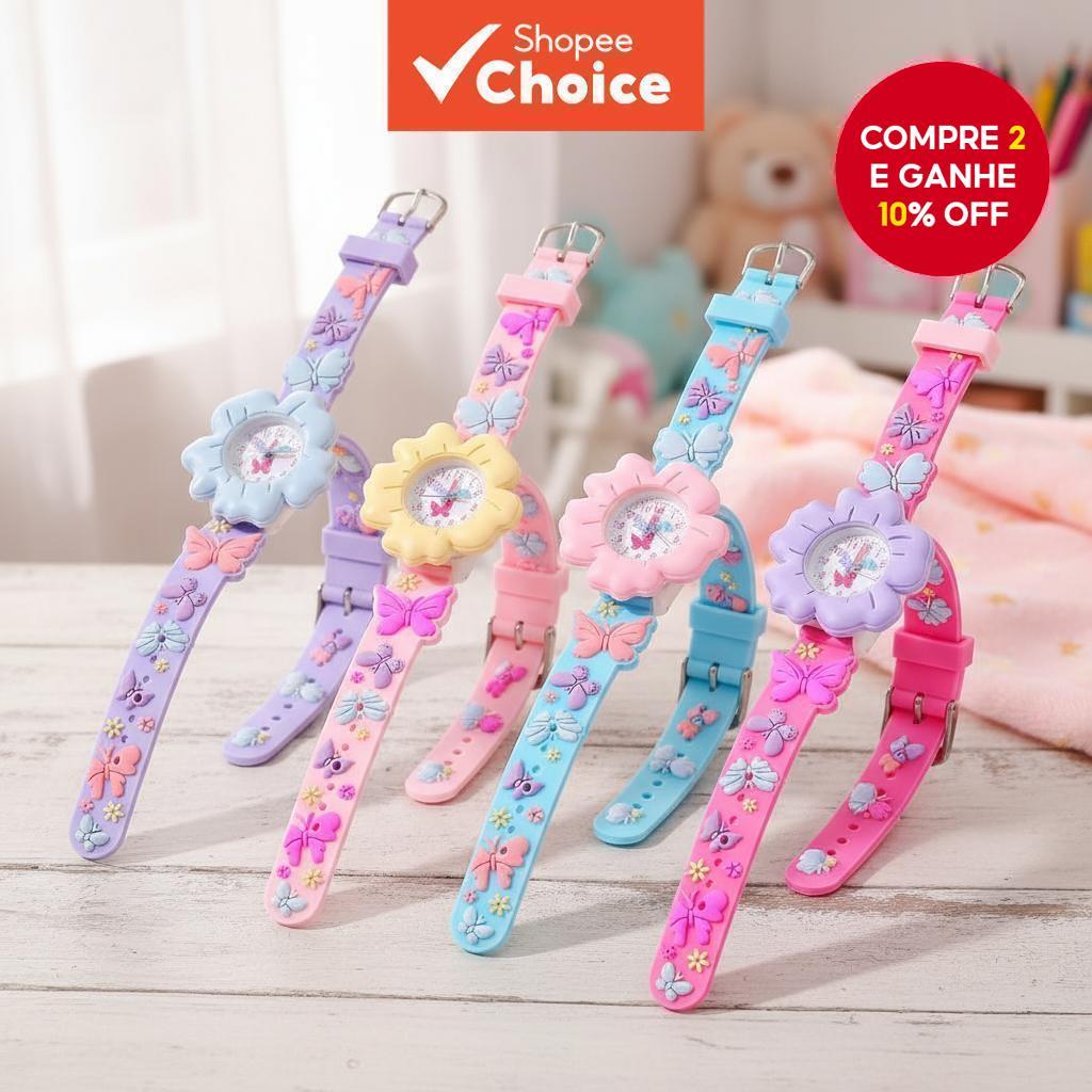 Relógio infantil colorido com pulseira de silicone borboleta 3D, presente de design de flor para meninas.