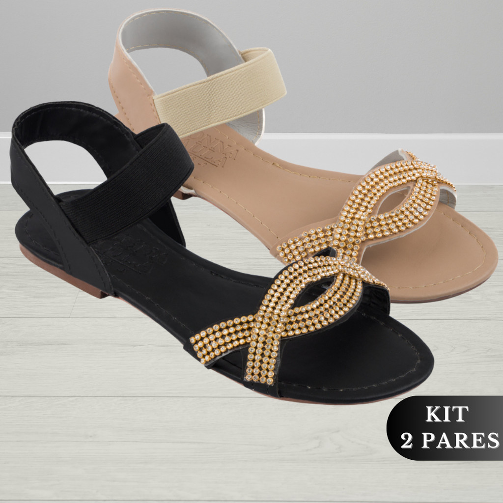 Sandália Feminina Rasteirinha Rasteira Feminina Kit 2 Pares Confortável Brilho Elástico Calcanhar Dia a Dia