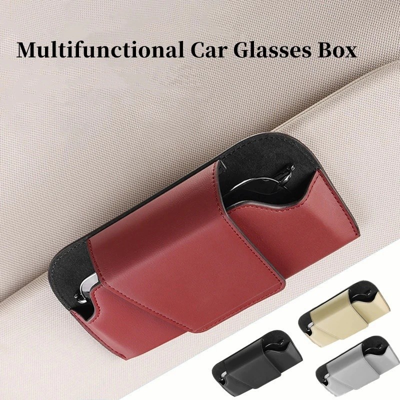Com estojo para óculos de viseira solar, suporte para carro e clipe solar de couro, porta-bilhetes para cartão