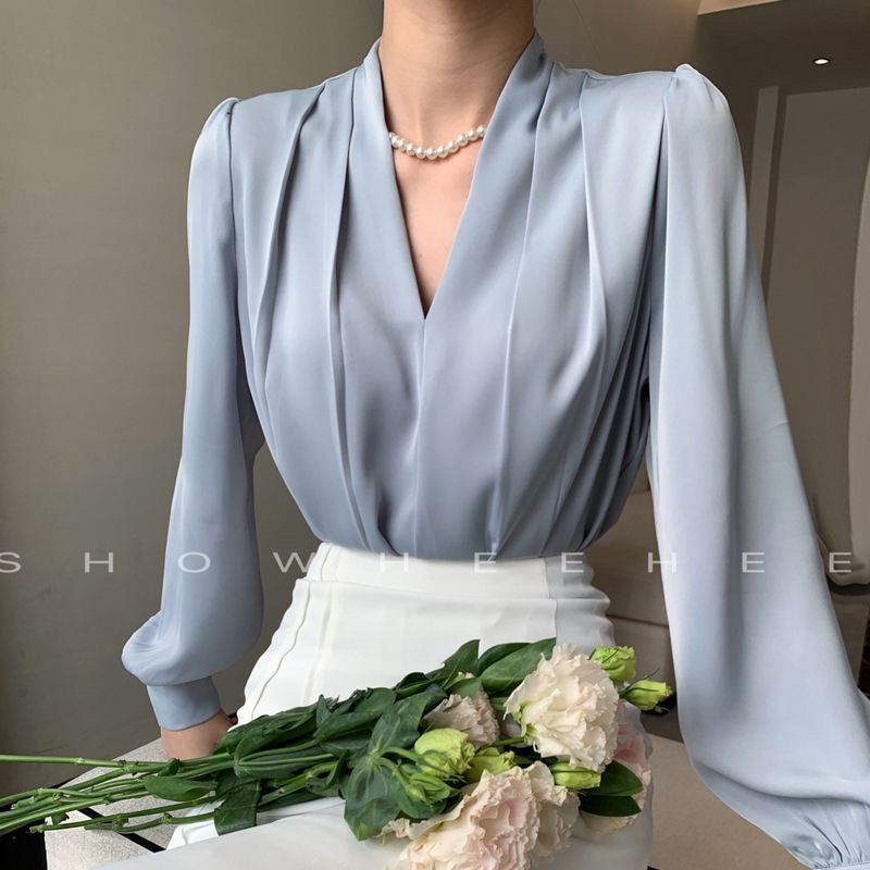 Camisa branca com decote em V para mulheres, design exclusivo, cetim acetato, top profissional elegante e simples, novo
