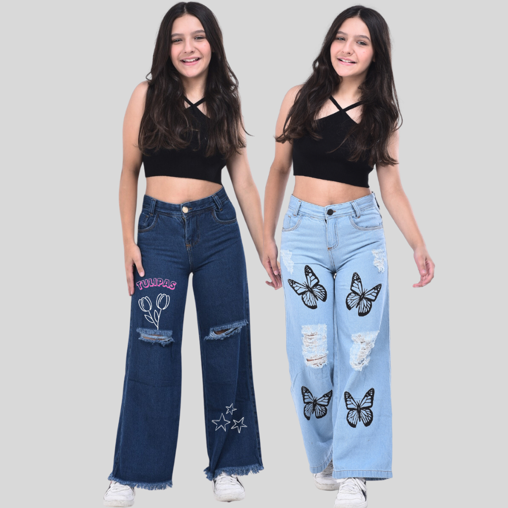 Kit 2 Calça jeans wide led pantalona infantil juvenil calça menina folgada lançamento