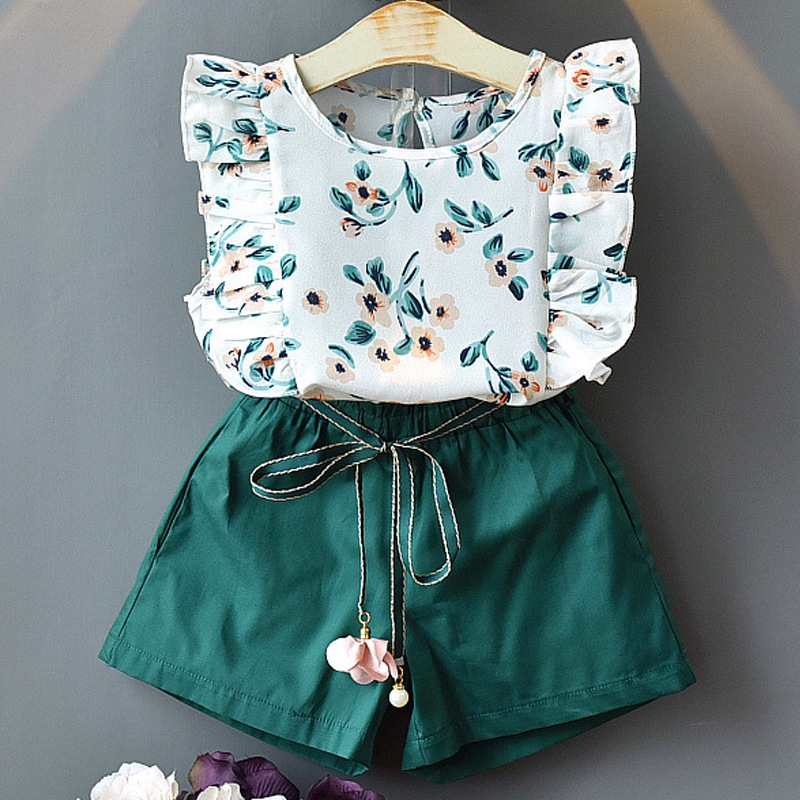 Fato Líder Urso Meninas Verão Nova Moda Casual Renda Estampa Top Plus Folgado Cor Sólida Shorts De Duas Peças Conjunto De 3-7 Anos De Idade Traje Infantil
