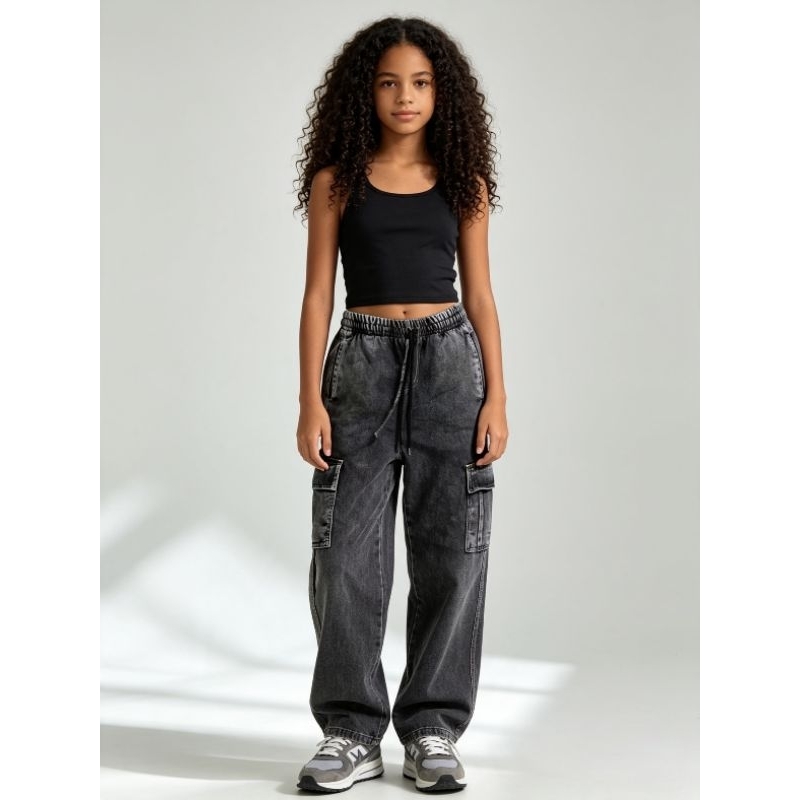 CALÇA CARGO MENINA NA COR PRETA JEANS CINZA GRAFITE  DESBOTADA DO 10 AO 16 BOCA LARGA CALÇA FOLGADA