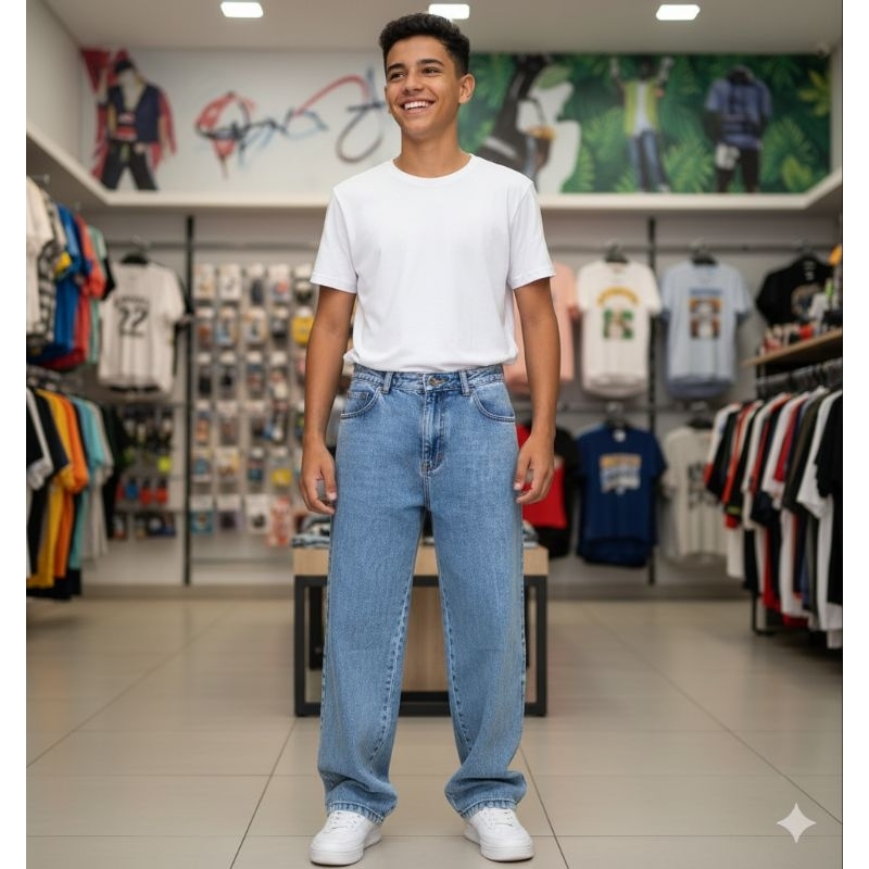 Calça balão folgada  meninos adolescente na cor jeans estonada clara tamanho 10 ao 16 Baggy streetwe
