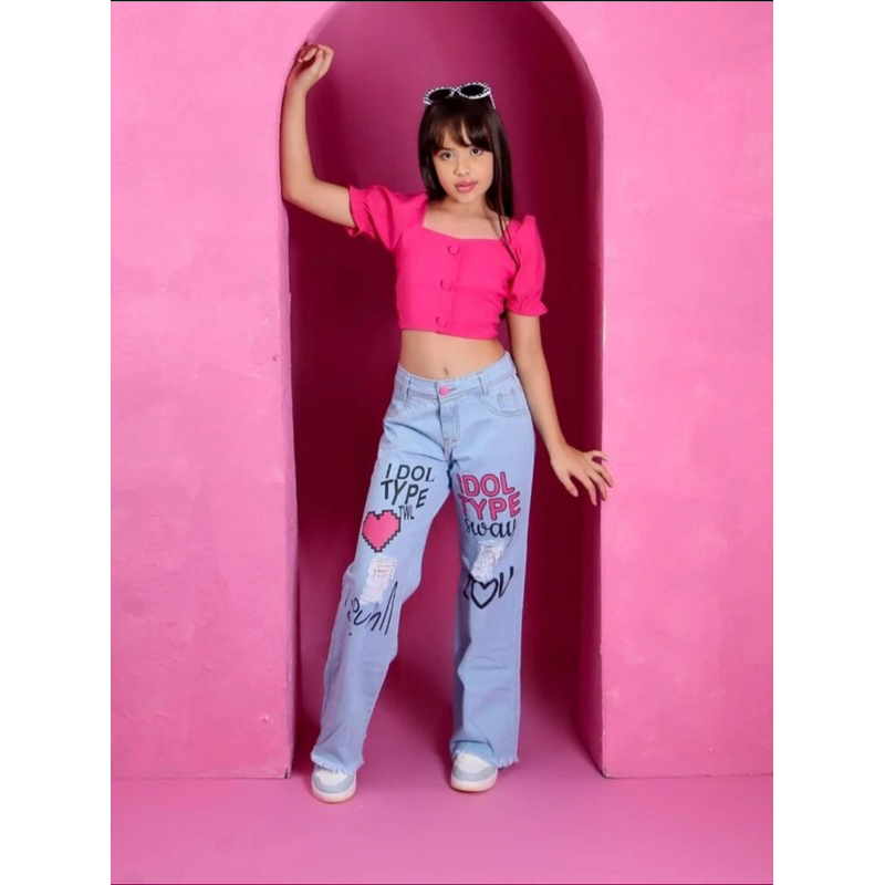 Calça Wide leg pantalona infantil juvenil folgada escrita desenhada premium