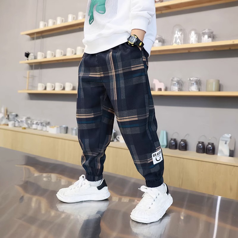 [ZY] 100-160cm Estoque Pronto Crianças Estilo Fino Calças de Lã Forro Engrossado Calças Outono Inverno Bebê Folgada Calça Checada Casual Calças de Moletom Quente Esportivas Tudo @