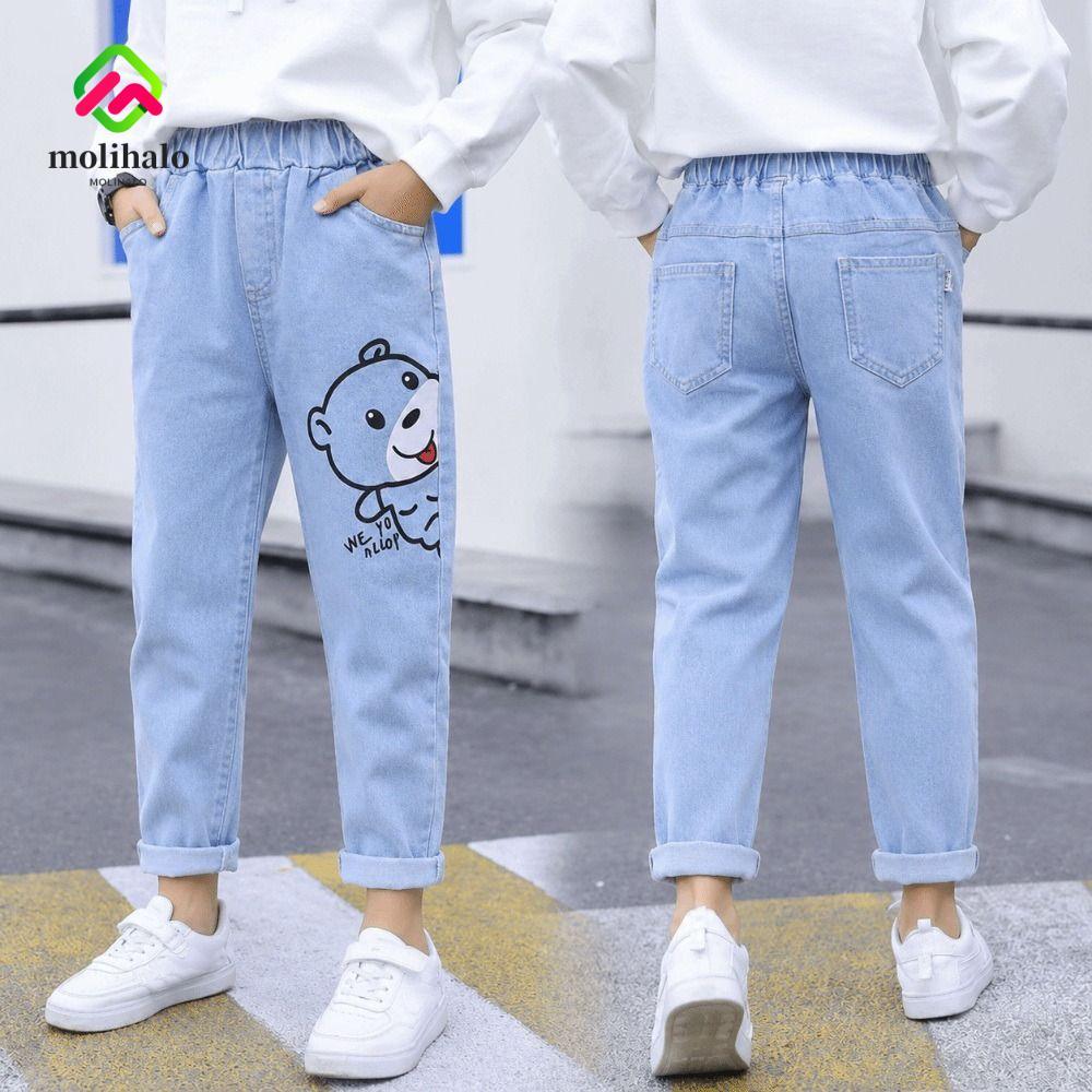 MOLIHALO Jeans Infantis , Calças De Desenho Animado Com Cintura Elástica Compridas Casuais De Tecido Folgado