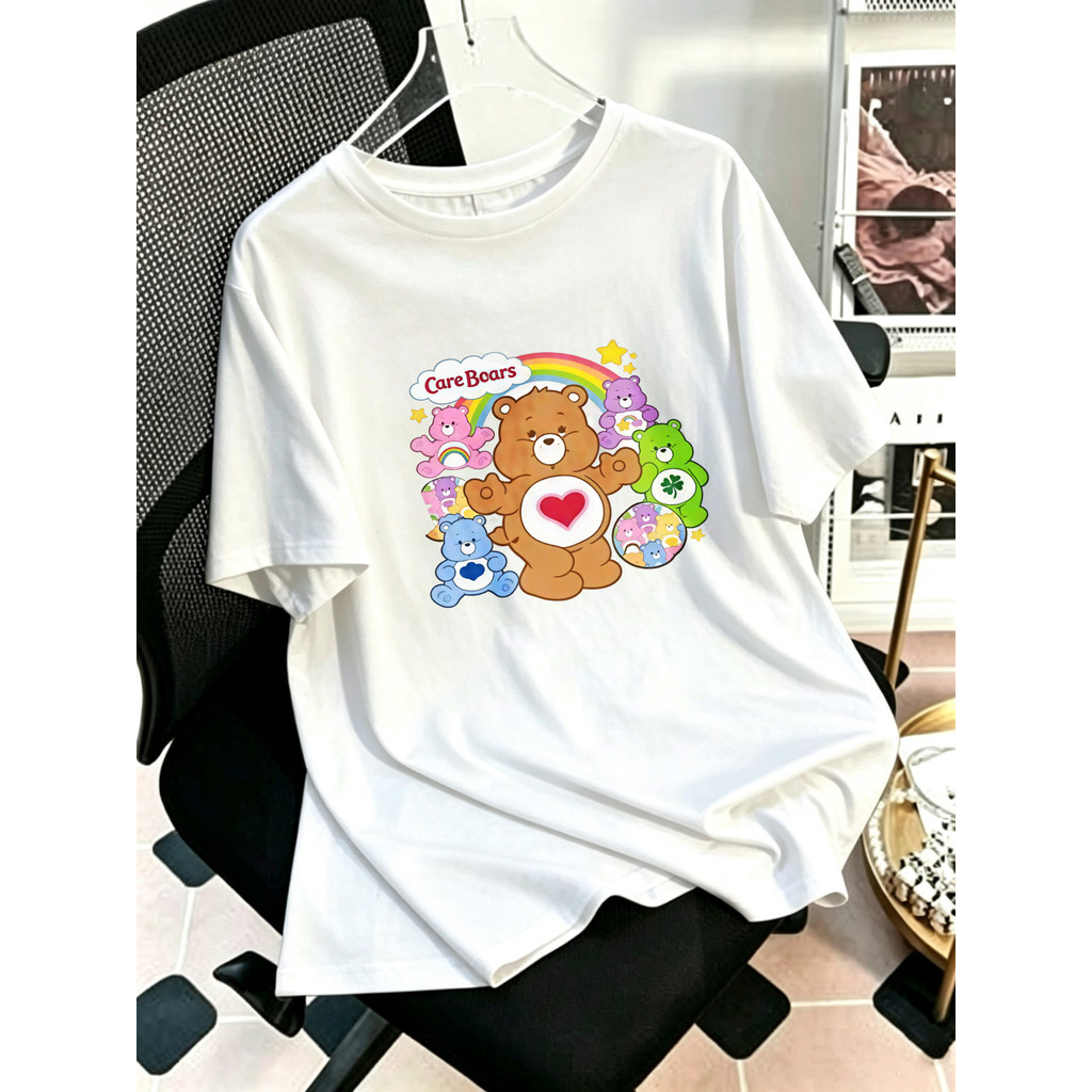 Camiseta de manga curta 100% algodão com estampa de ursinhos e corações em arco-íris – Modelo folgado, casual e infantil